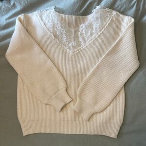 SHEIN Cream V-Neck Sweater with Ribbed texture and lace trim